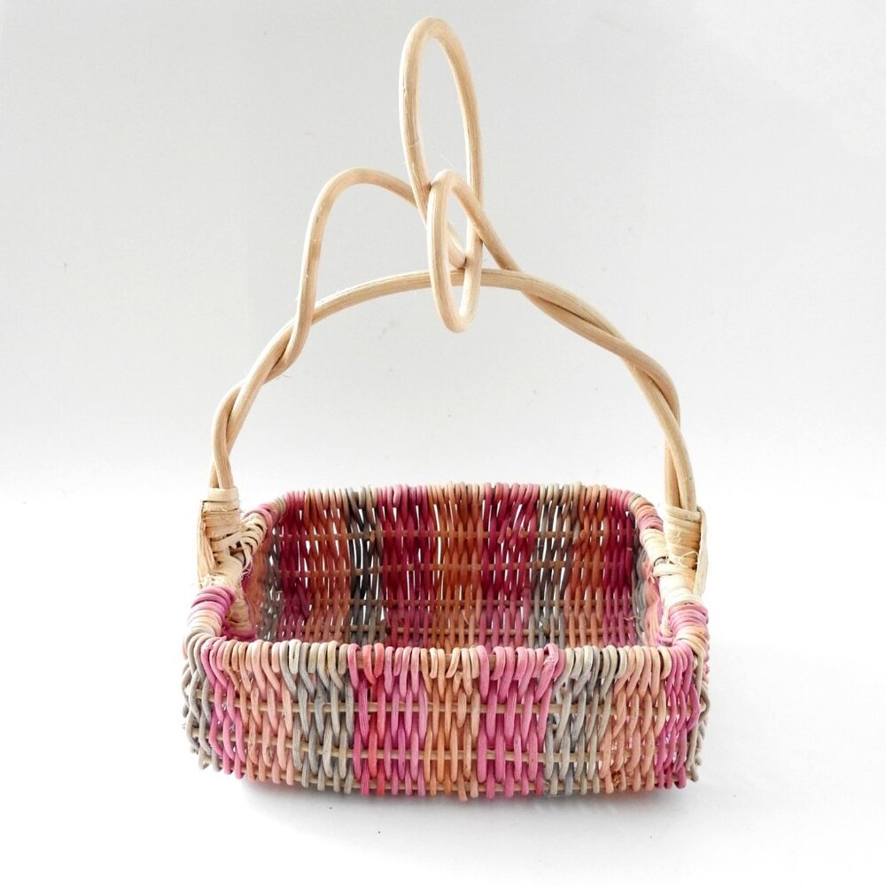 Small Vintage Easter Decorative Wicker Basket With Artistic Curvy Handle Pink